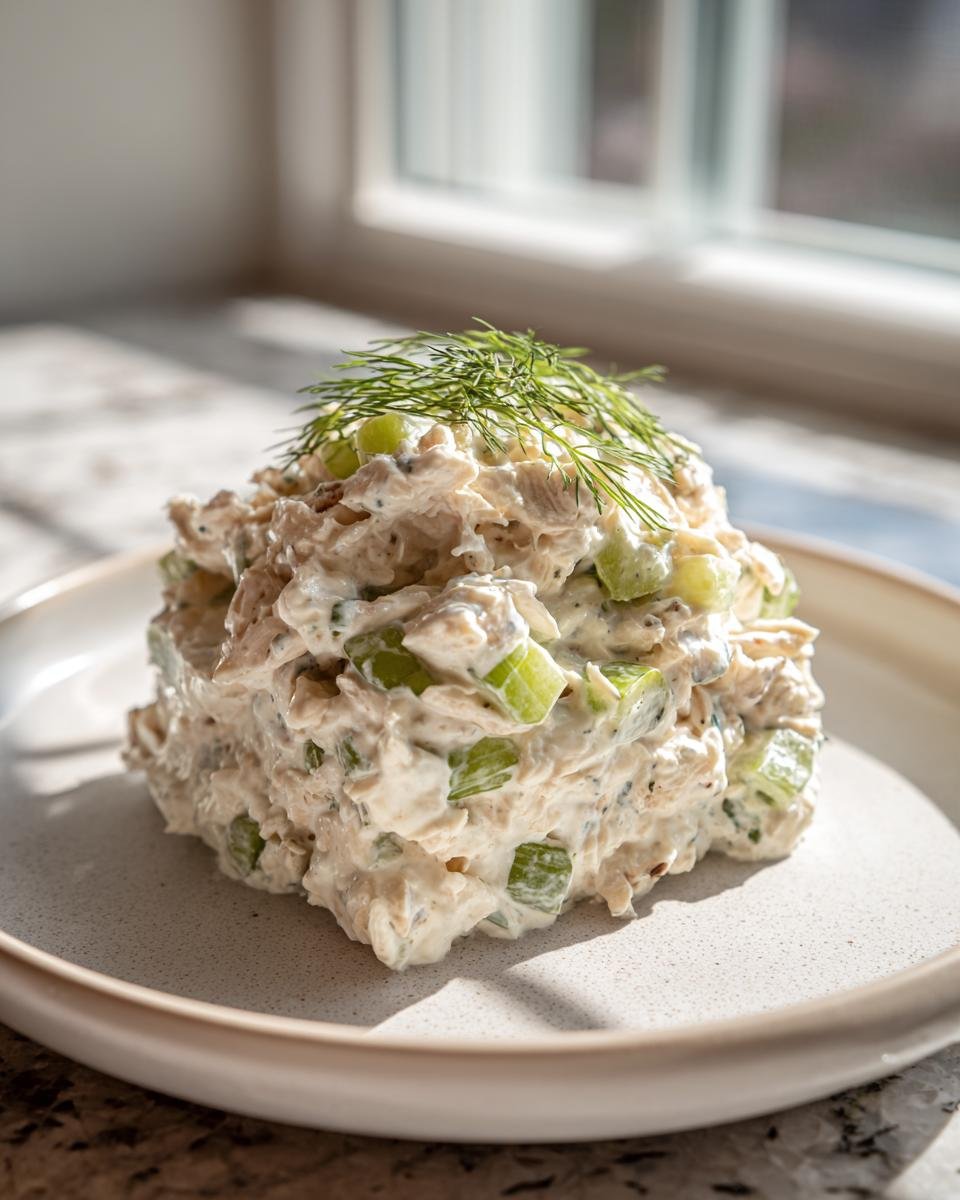 A mound of Creamy Dill Chicken Salad featuring celery and topped with fresh dill, served on a light ceramic plate.