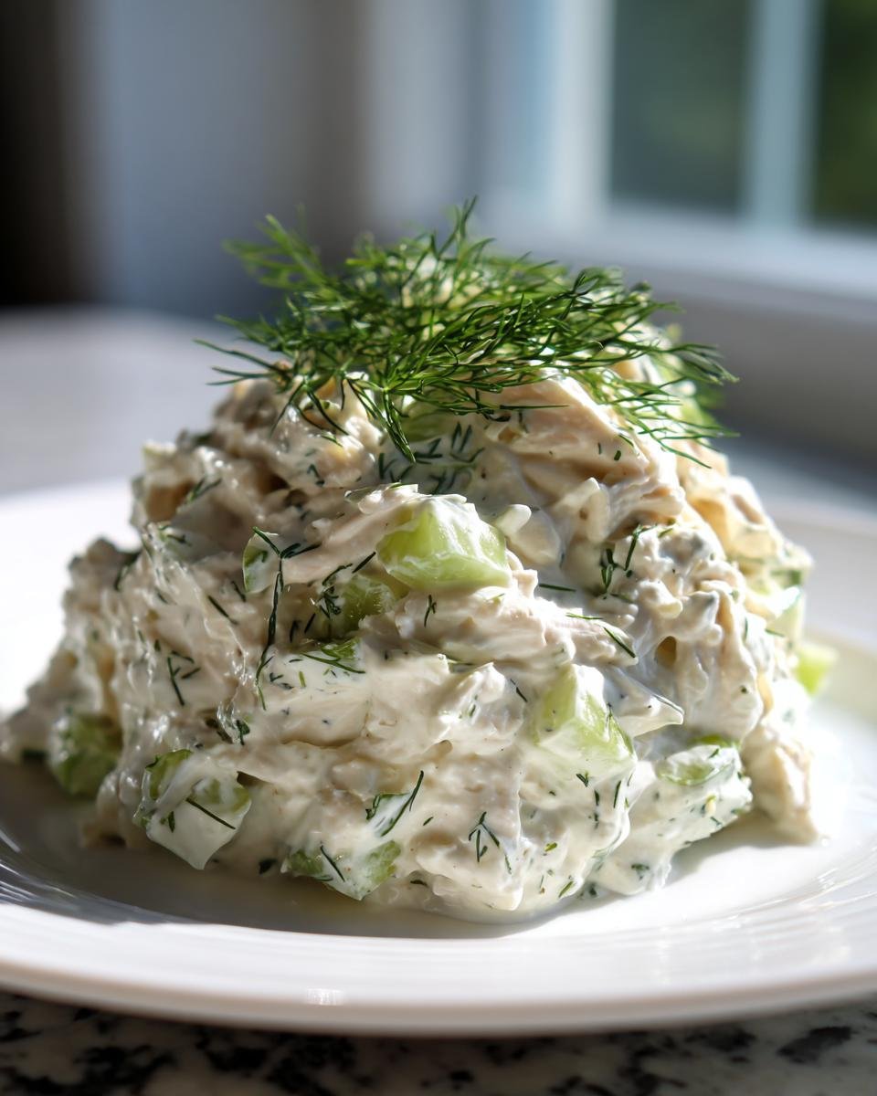 A mound of Creamy Dill Chicken Salad mixed with celery chunks and topped with fresh dill sprigs.