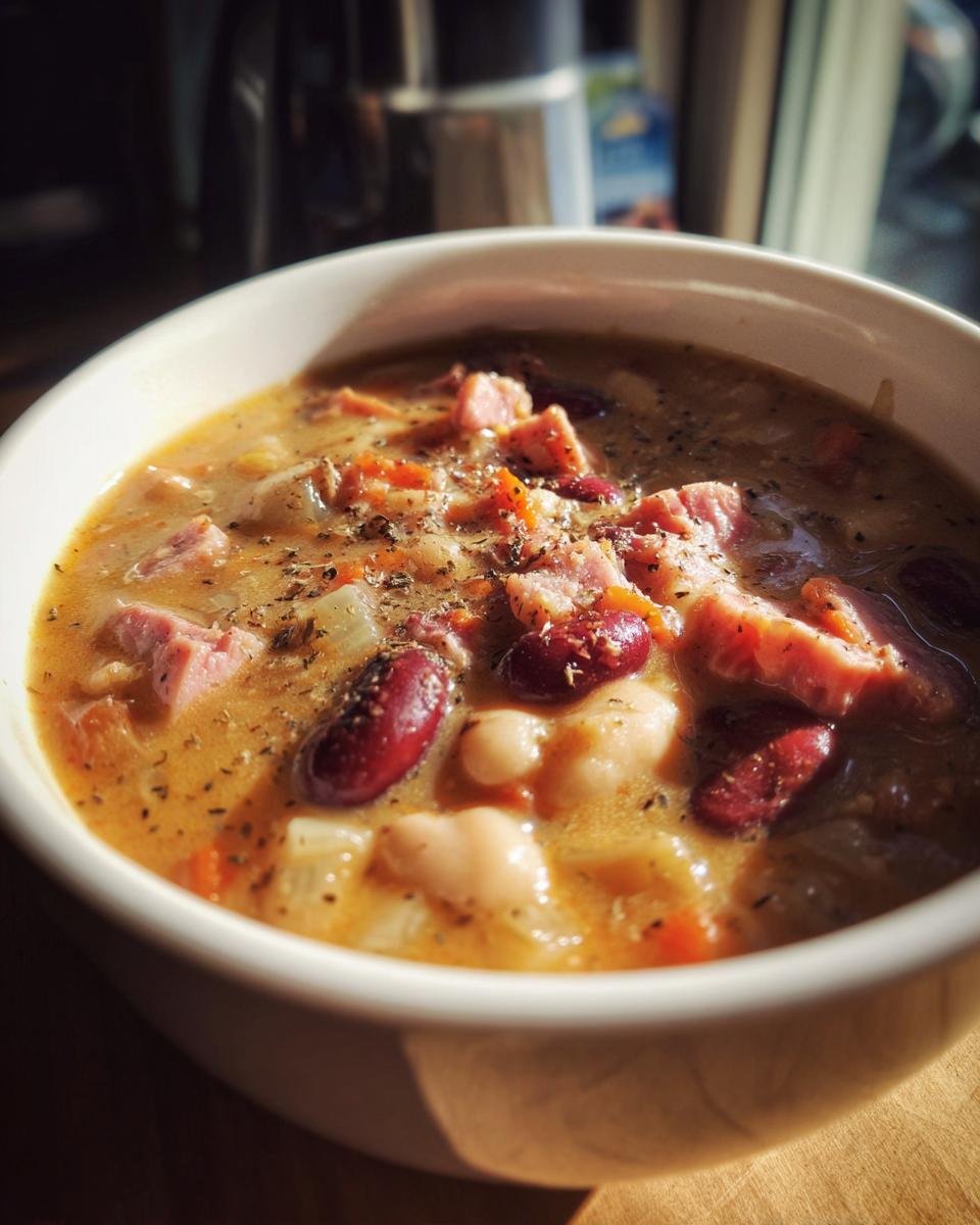 Close-up of a creamy Ham And Bean Soup in a white bowl, topped with diced ham, kidney beans, and seasoning.