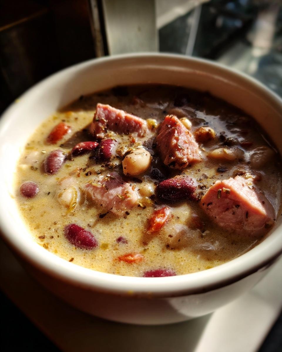 Close-up of a creamy Ham And Bean Soup in a white bowl, featuring kidney beans, white beans, and large chunks of ham.