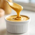 A spoonful of thick, golden Honey Mustard Sauce is dripping back into a small white ramekin.