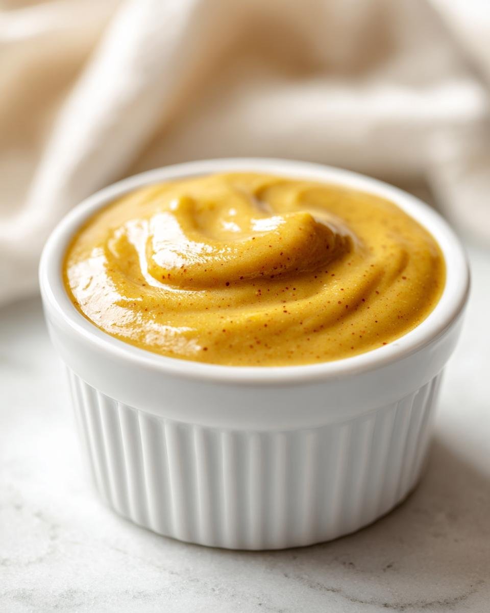 Close-up of thick, golden Honey Mustard Sauce swirled in a small white fluted ramekin.