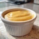 Close-up of creamy, golden-yellow Honey Mustard Sauce served in a small white fluted ramekin.