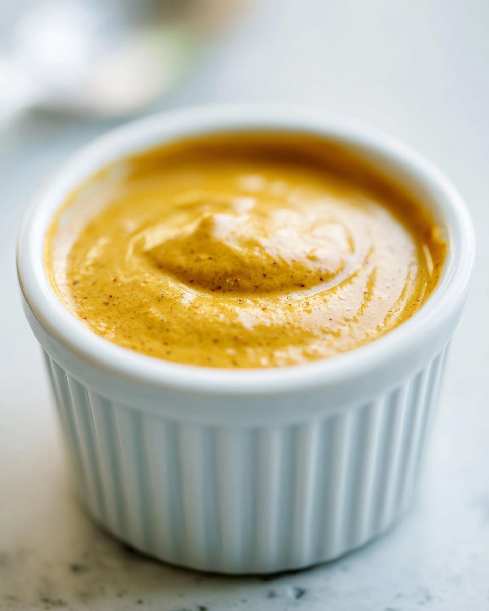 Close-up of thick, golden Honey Mustard Sauce served in a small, white, fluted ramekin.