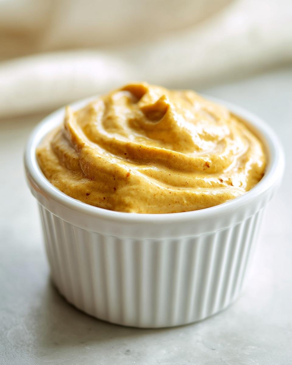 Close-up of thick, creamy Honey Mustard Sauce swirled in a small white ramekin.