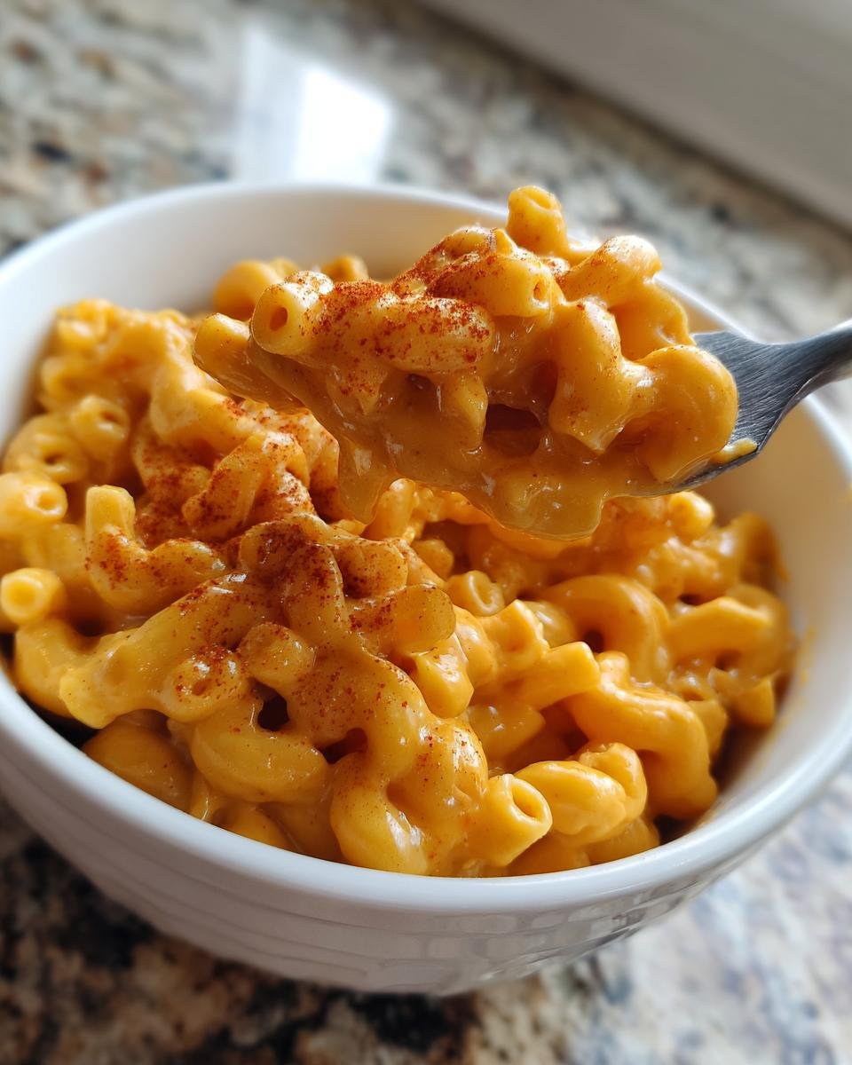 A fork lifting a bite of creamy Instant Pot Mac And Cheese topped with a dusting of paprika from a white bowl.