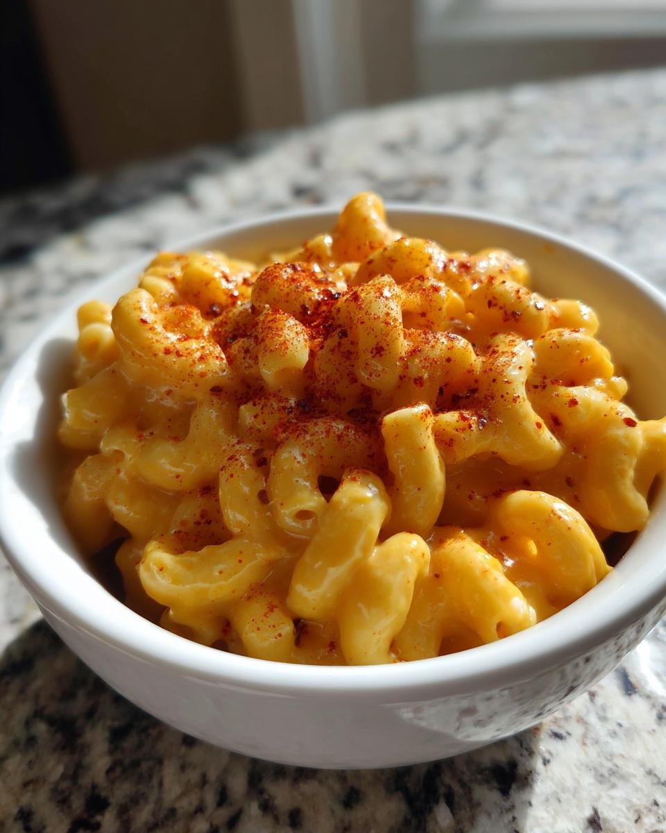 A close-up of creamy Instant Pot Mac And Cheese topped with a sprinkle of red paprika in a white bowl.