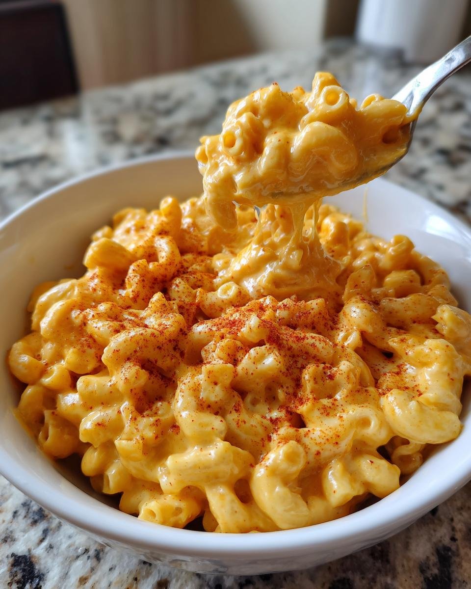 A spoonful of creamy, cheesy Instant Pot Mac And Cheese being lifted from a white bowl, sprinkled with paprika.
