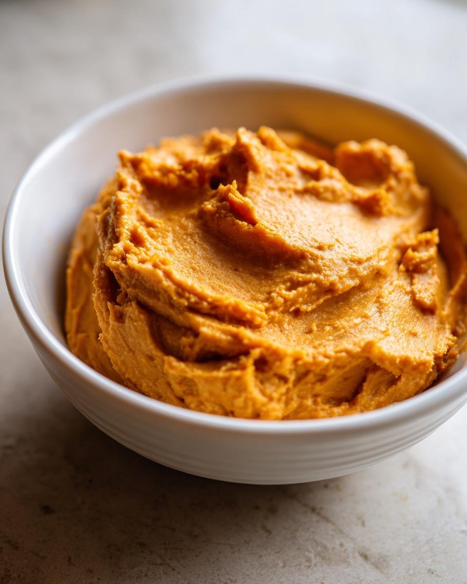 A close-up view of thick, creamy Pumpkin Peanut Butter Dip served in a small white bowl.