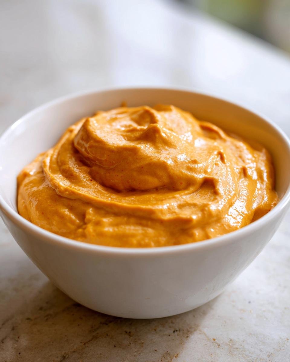A close-up of thick, orange Pumpkin Peanut Butter Dip swirled beautifully in a white serving bowl.