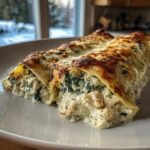 Two baked cannelloni tubes overflowing with creamy ricotta, spinach, and chicken filling, topped with browned cheese.