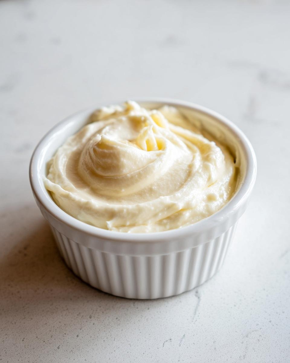 A small white ramekin filled with thick, creamy Roasted Garlic Aioli, swirled on top.