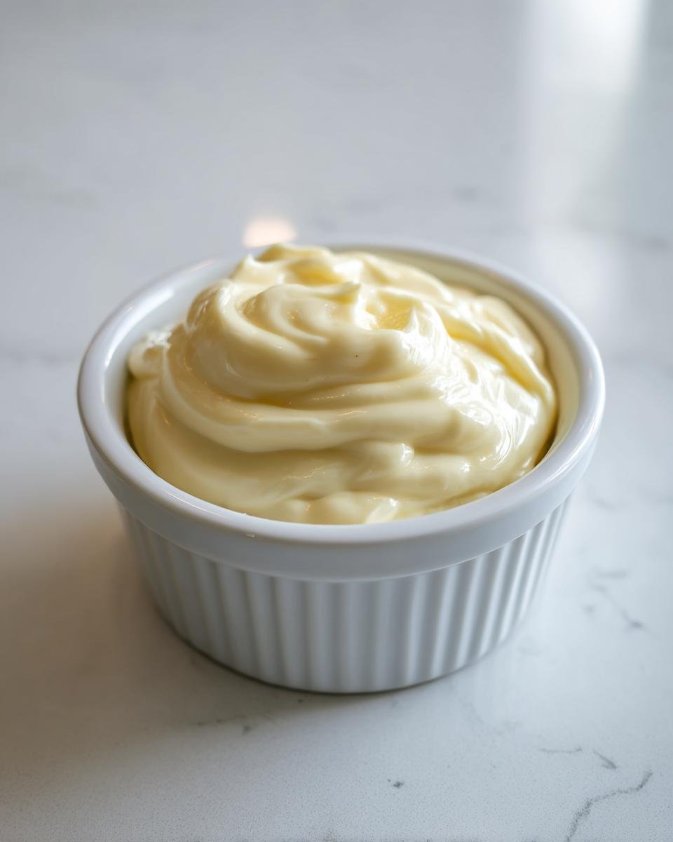 A close-up of thick, creamy Roasted Garlic Aioli swirled high in a small white fluted ramekin.