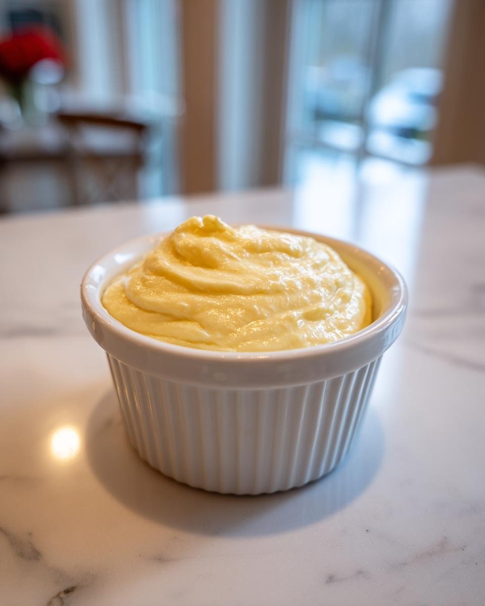 A small white ramekin filled with thick, creamy Roasted Garlic Aioli sitting on a marble countertop.
