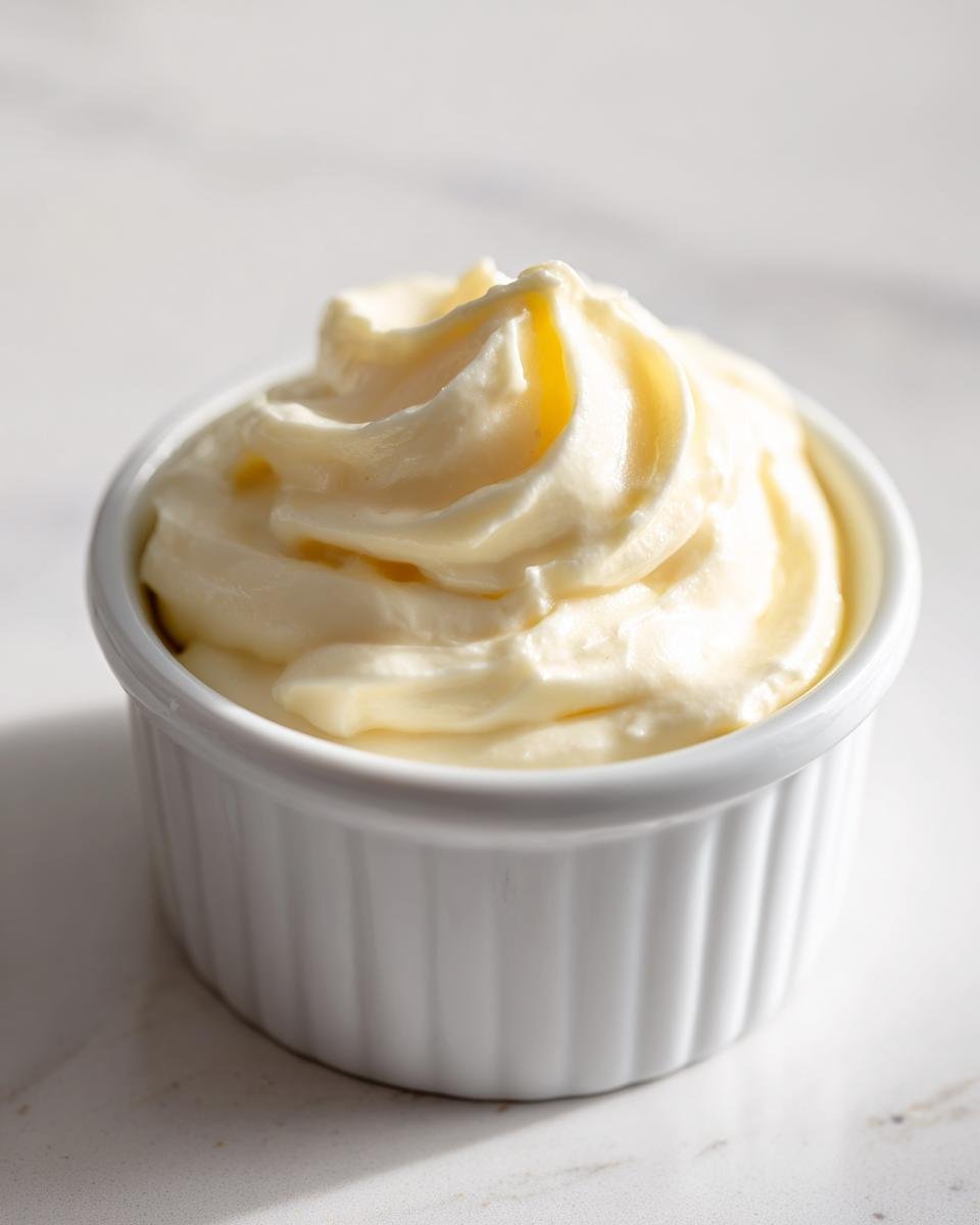 A close-up of thick, creamy Roasted Garlic Aioli swirled high in a small white fluted ramekin.