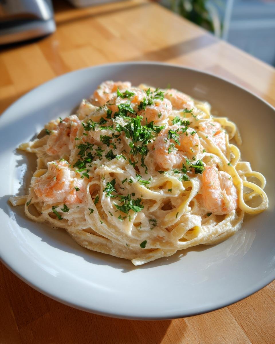 A close-up of a white bowl filled with Creamy Shrimp Fettuccine, topped generously with shrimp and fresh parsley.