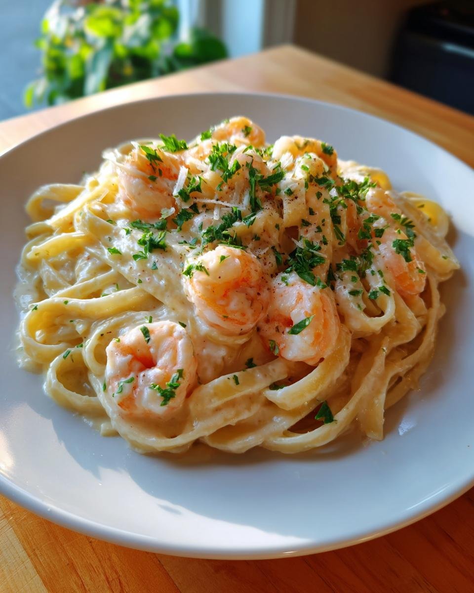 A close-up of a white plate filled with Creamy Shrimp Fettuccine, topped with pink shrimp and fresh parsley.