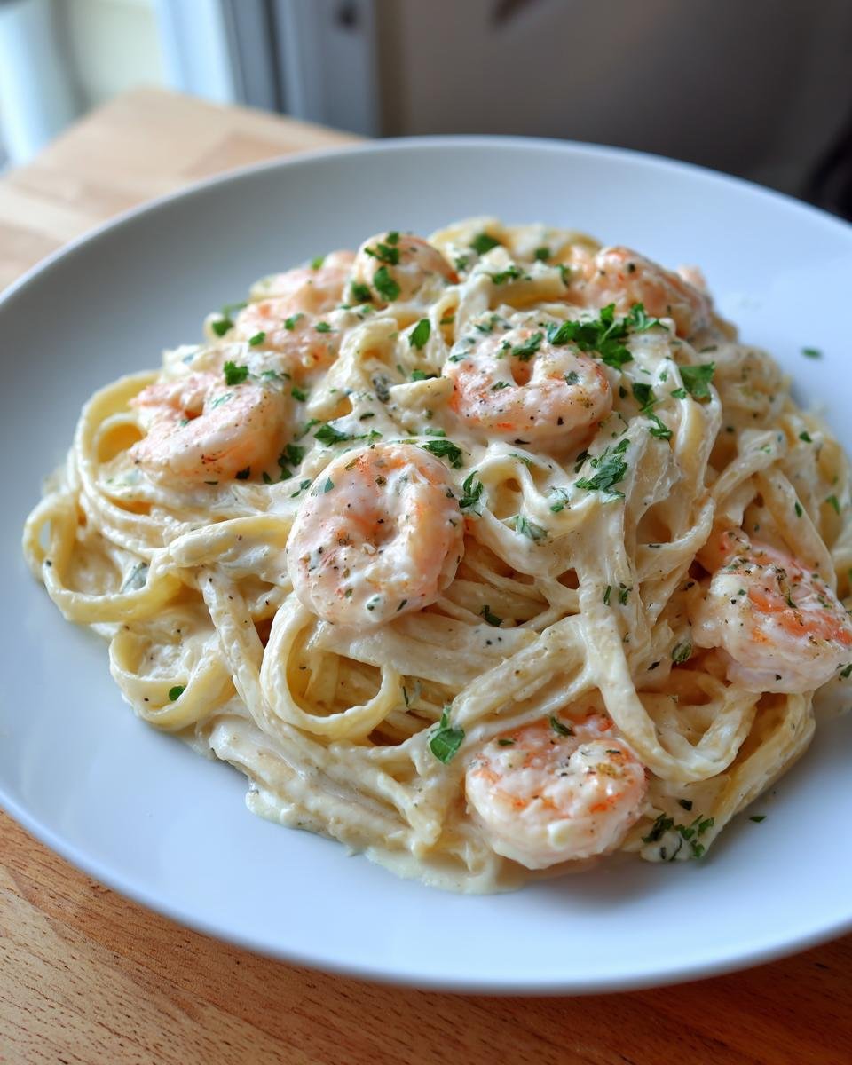 Close-up of a white plate filled with Creamy Shrimp Fettuccine, topped with seasoned shrimp and fresh parsley.