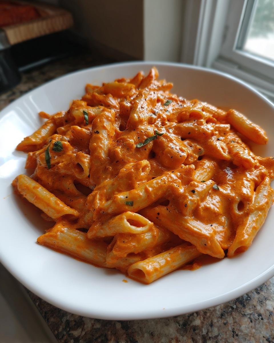A close-up of penne pasta coated in rich, orange-red sauce, representing Creamy Tomato One Pot Pasta.