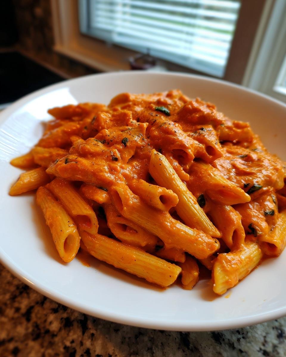Close-up of penne pasta coated in a rich, orange-red sauce, ready to eat, featuring Creamy Tomato One Pot Pasta.