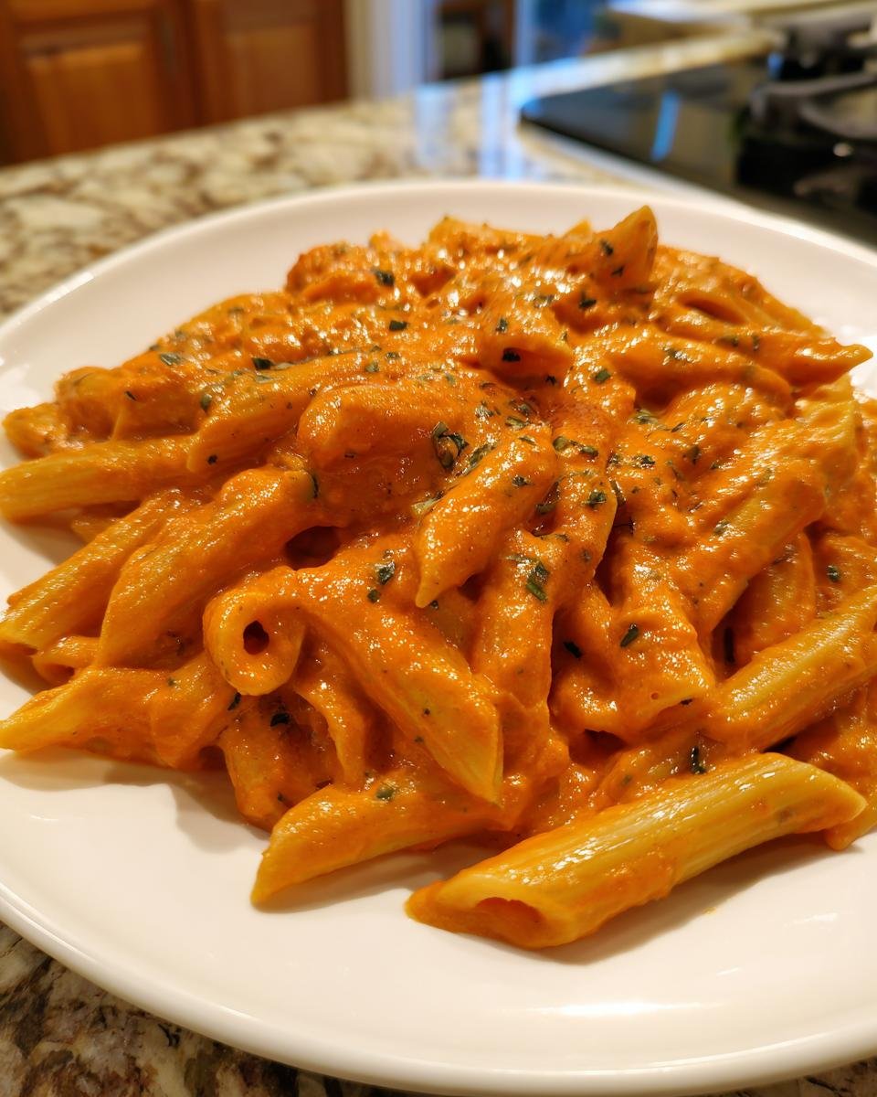 Close-up of penne pasta coated in rich, orange Creamy Tomato One Pot Pasta sauce, garnished with herbs.
