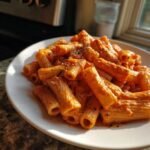 A plate piled high with rigatoni pasta coated in a rich, creamy tomato sauce, perfect for Creamy Tomato One Pot Pasta.