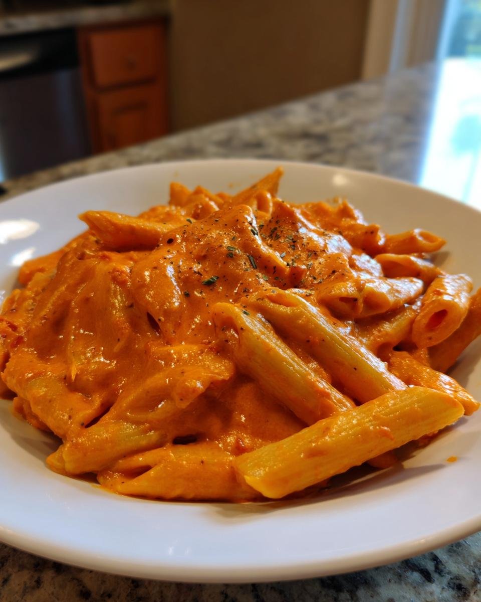 Close-up of a white bowl filled with rich, orange-hued Creamy Tomato One Pot Pasta, garnished with dried herbs.