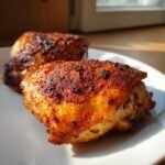Close-up of two perfectly seasoned and crispy air fryer chicken thighs resting on a white plate.