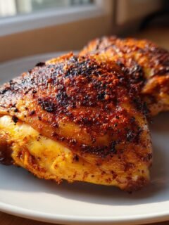 Two perfectly cooked, seasoned Crispy Air Fryer Chicken Thighs resting on a white plate.