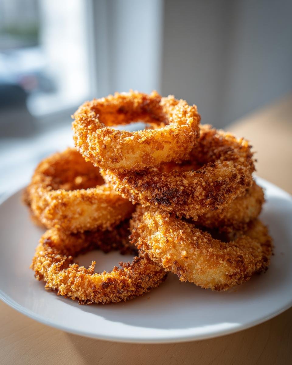 A stack of golden brown, crispy air fryer onion rings piled high on a white plate.