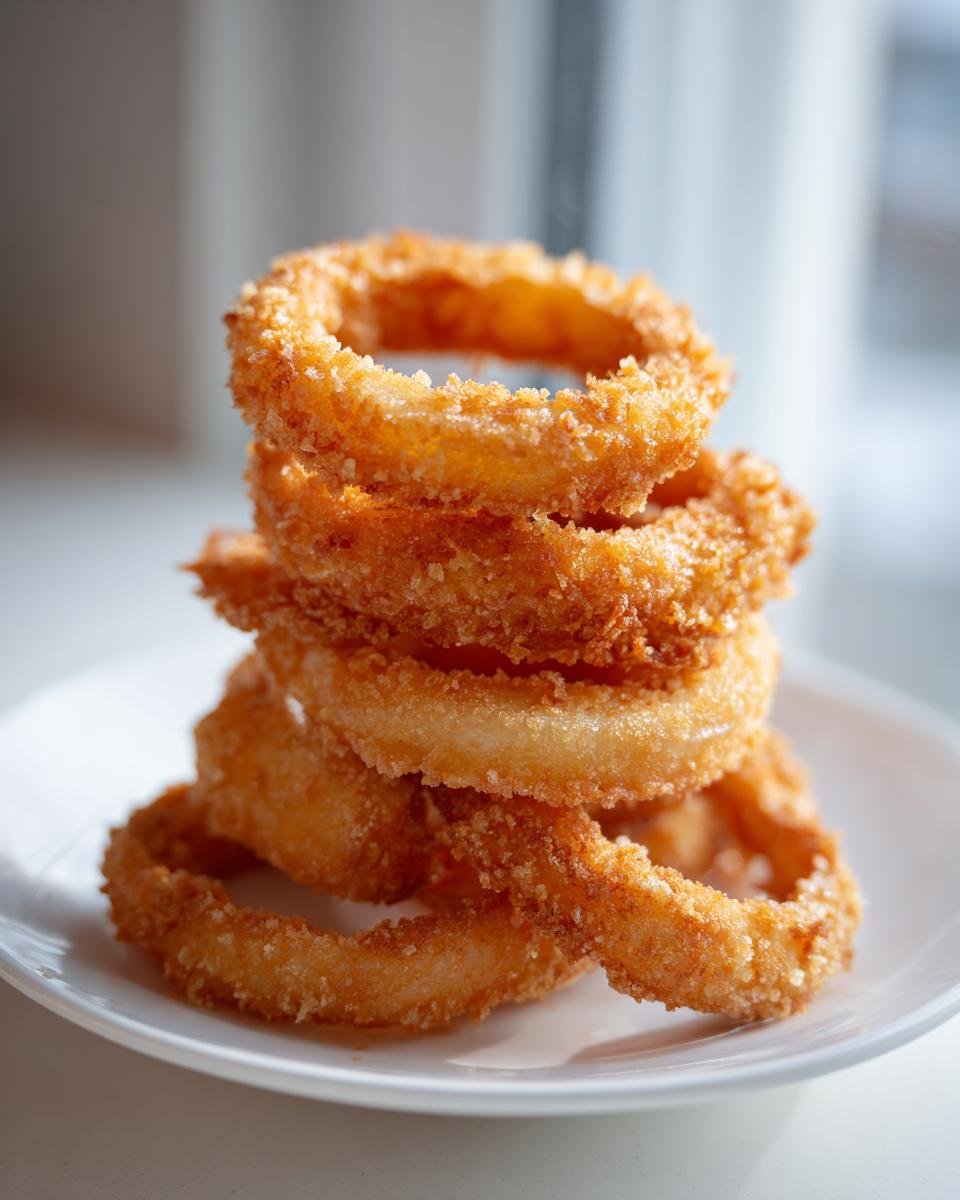 A tall stack of golden brown, crispy air fryer onion rings piled on a small white plate.