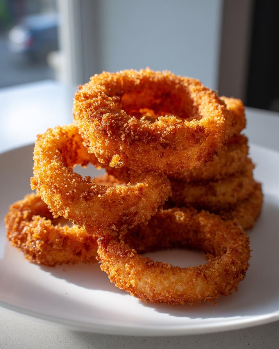 A stack of golden brown, crispy air fryer onion rings piled on a white plate.