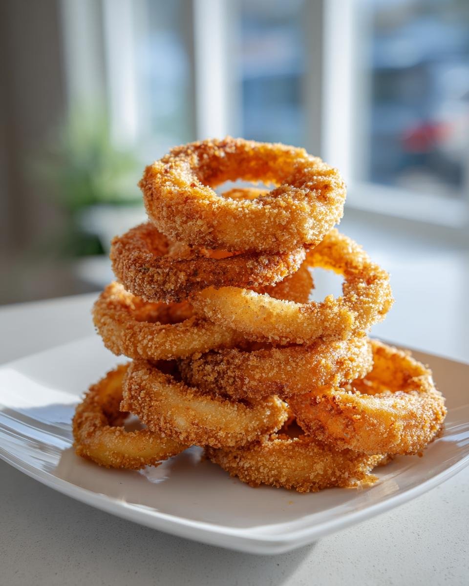 A tall stack of golden brown, crispy air fryer onion rings piled high on a white square plate.