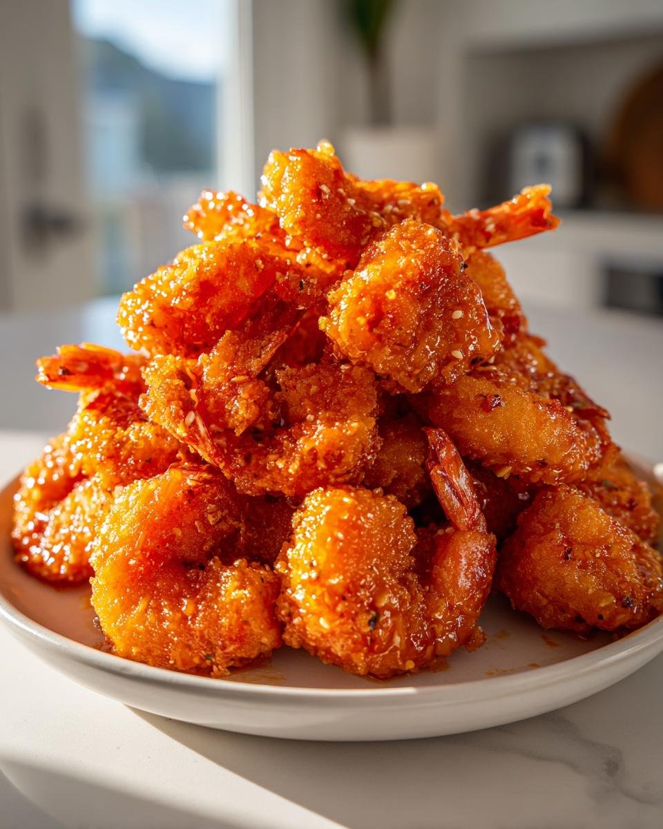 A mound of crispy, golden-orange Bang Bang Shrimp coated in a sweet and spicy sauce and sprinkled with sesame seeds.