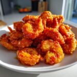 A close-up shot of a pile of crispy, golden-orange Bang Bang Shrimp coated in a spicy, sweet sauce on a white plate.