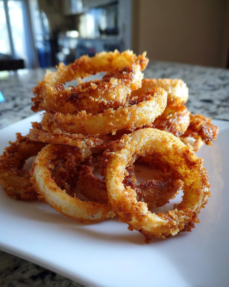 A close-up stack of golden brown, crispy Onion Rings served on a white plate.