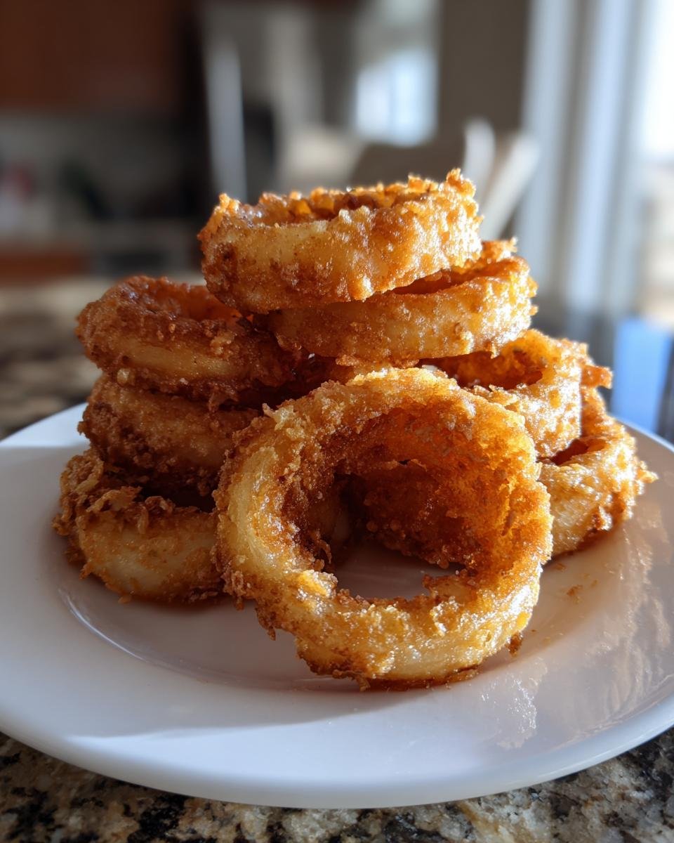A stack of golden brown, crispy homemade Onion Rings piled high on a white plate.
