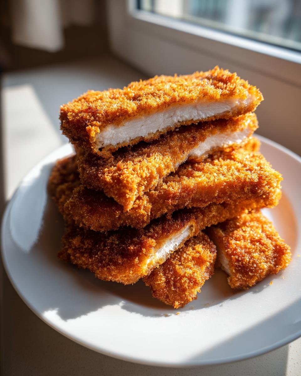 A stack of golden brown, crispy Pork Katsu cutlets, showing the white interior meat.