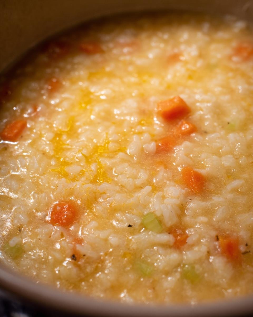 Close-up of thick Crock Pot Lemon Rice Soup showing white rice, diced carrots, and celery in a creamy, yellow broth.