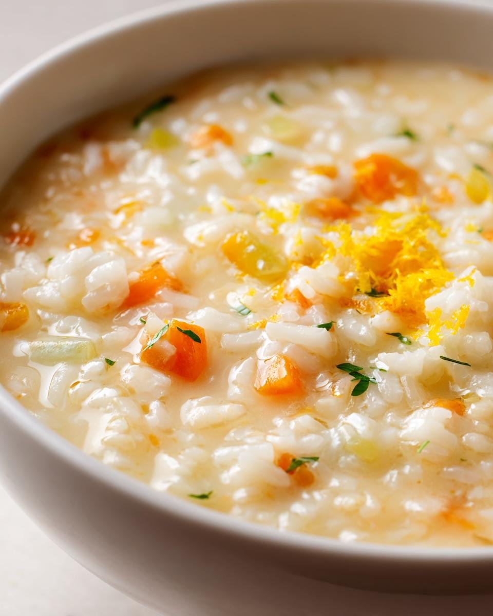 A close-up of creamy Crock Pot Lemon Rice Soup featuring white rice, diced carrots, and bright yellow lemon zest on top.