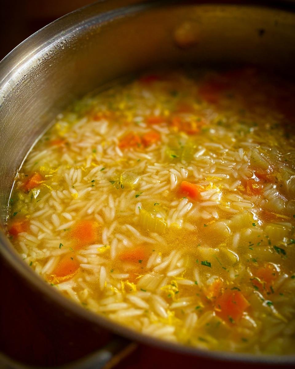 Close-up view of simmering Crock Pot Lemon Rice Soup filled with long-grain rice, carrots, and celery in a rich broth.