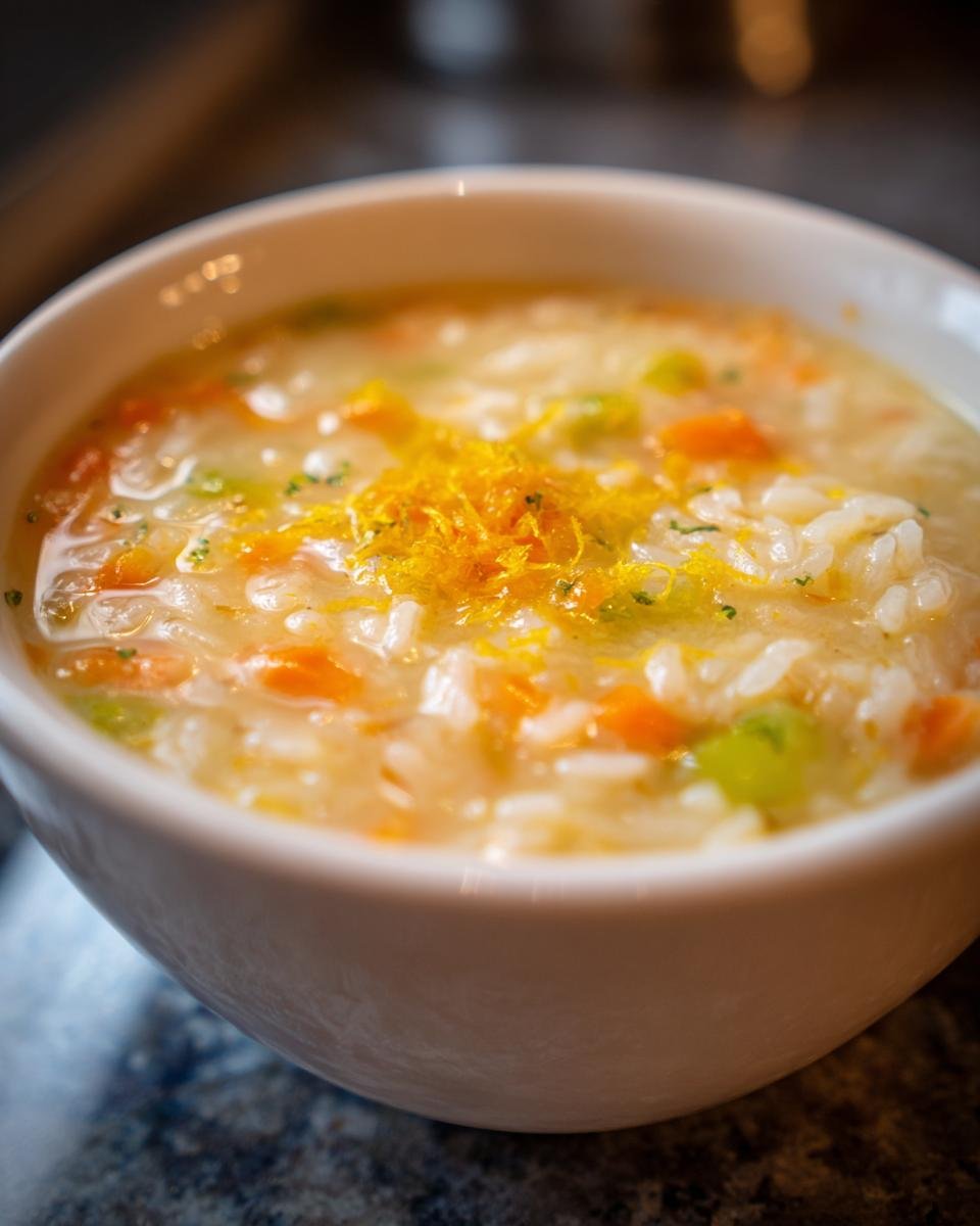 A close-up of a white bowl filled with creamy Crock Pot Lemon Rice Soup, topped with bright orange lemon zest.