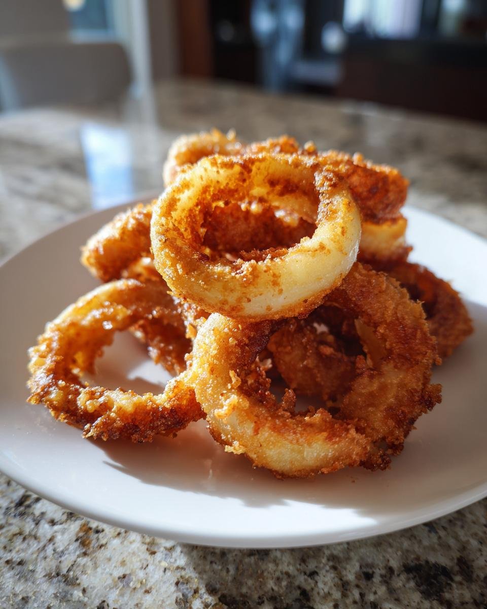 A close-up photo of several perfectly golden brown, crunchy Onion Rings piled on a white plate.