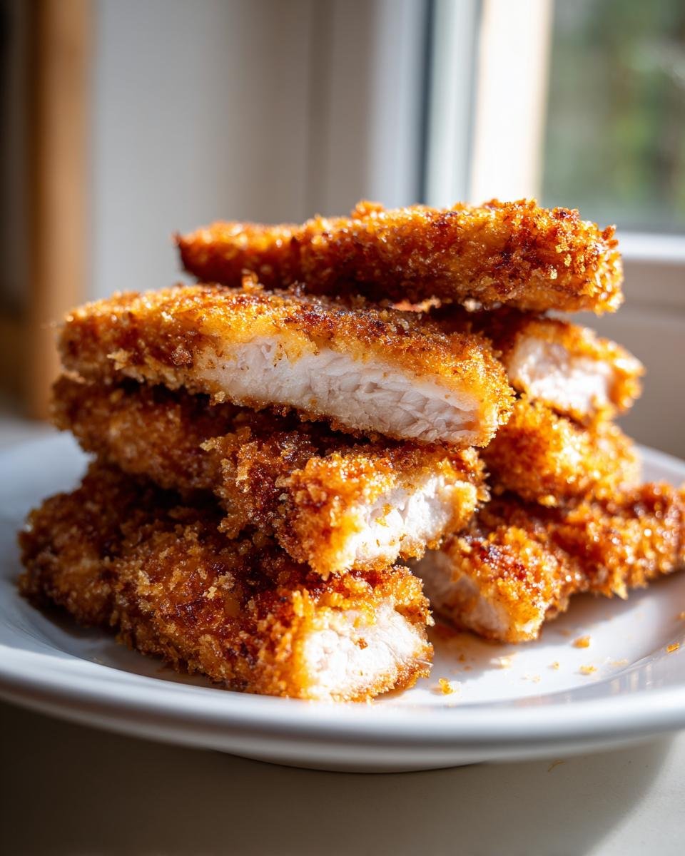 A stack of golden brown, crispy Pork Katsu pieces, cut to show the juicy white interior.