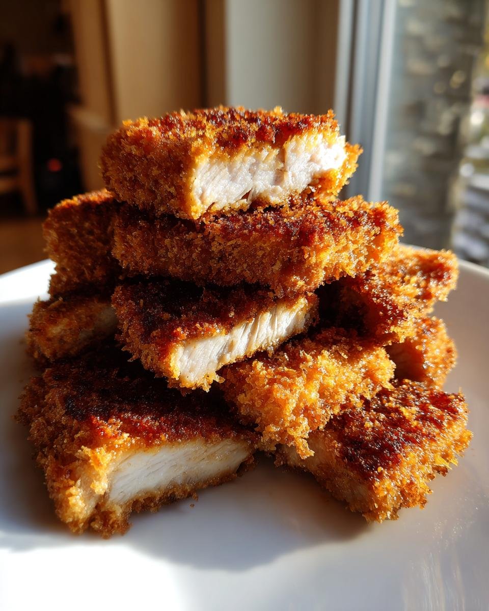 A stack of golden brown, crispy Pork Katsu pieces cut in half, showing the white, juicy interior.