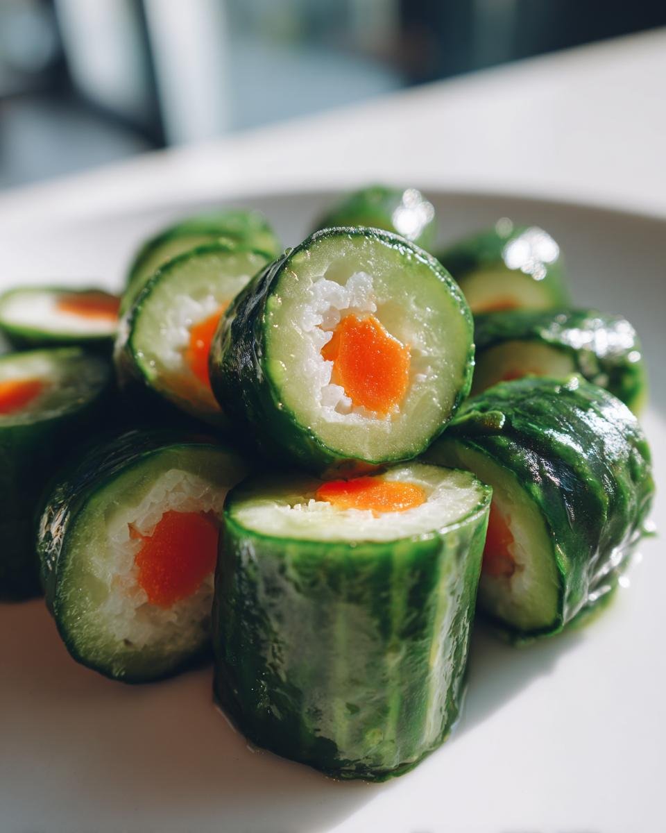 A pile of glistening Cucumber Sushi Rolls featuring white rice and a bright orange carrot center.