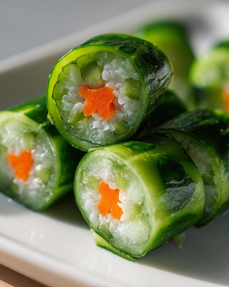 Close-up of cross-sectioned Cucumber Sushi Rolls showing rice, cucumber pieces, and a bright orange carrot star in the center.