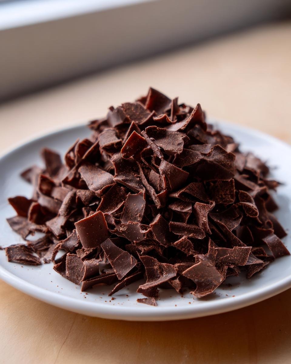 A mound of dark, rich curled chocolate shavings piled high on a small white plate.