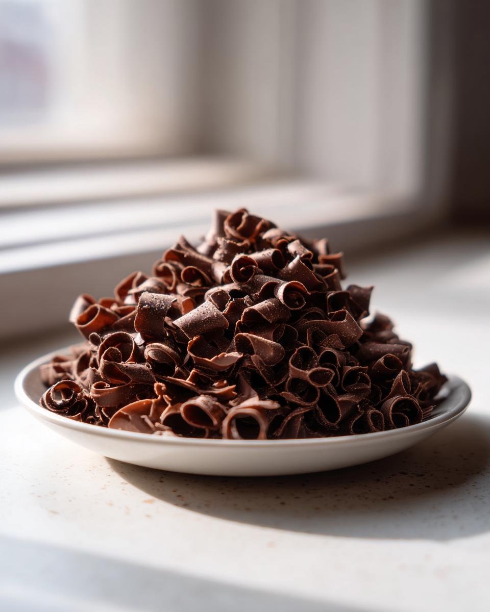 A mound of dark, rich curled chocolate shavings piled high on a small white plate, illuminated by window light.