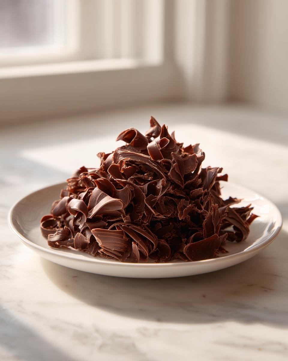 A mound of dark, rich curled chocolate shavings piled high on a small white plate, illuminated by soft window light.
